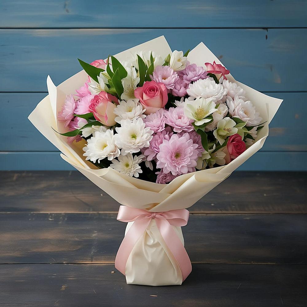 Букет цветов из: Хризантемы, Альстромерии и Розы в Подгоренском